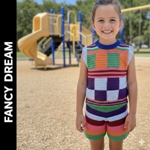 FANCY DREAM Girl’s Colorful Checked & Striped Crocheted Short Set Size Small NWT